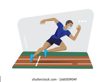 Sportsman in medical mask, runner with face mask, athletic white man running in the stadium, getting ready for the competition. Isolated stock vector illustration.