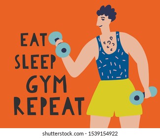 Sportsman with motivating slogan. Cute vector illustration of man doing exercise. Handwritten modern lettering for cards, posters, t-shirts, etc. 