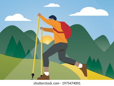 
Sportsman or mountaineer hiking with poles in the mountain