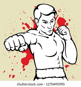 Sportsman muay thai boxer fighting, on color background