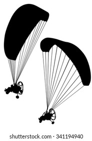 Sportsman on a motorized paraglider on a white background