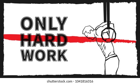 Sportsman on the rings vector illustration with grunge frame. Athlete does exercises with sport rings creative concept. Fitness workout graphic design.