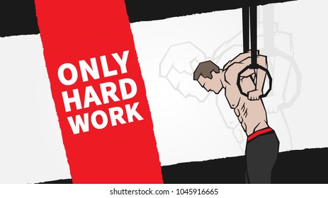 Sportsman on the rings vector illustration with grunge elements. Athlete does exercises with sport rings creative concept. Fitness workout graphic design.