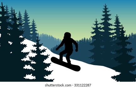 The sportsman on a snowboard down the mountain with snow mountains in the background. Winter sports in the mountains. Abstract vector silhouette of a snowboarder. Downhill snowboarder. Winter sports.