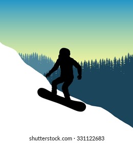 The sportsman on a snowboard down the mountain with snow in a forest. Winter sports in the mountains. Abstract vector silhouette of a snowboarder. Downhill snowboarder wearing a helmet. Safety.