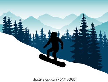 The sportsman on a snowboard down the mountain with snow mountains in the background. Winter sports in the mountains. Abstract vector silhouette of a snowboarder. Downhill snowboarder. Winter sports.