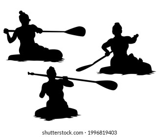 Sportsman on a surfboard with a paddle in his hands. Isolated silhouette on white background