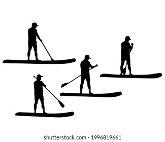 Sportsman on a surfboard with a paddle in his hands. Isolated silhouette on white background