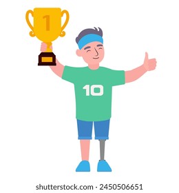 Sportsman with physical disability holding trophy cup on white b