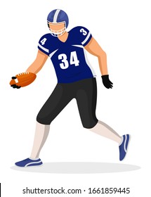Sportsman playing in american football. Player of team running with ball in hand to get points. Guy dressed in blue uniform and helmet. Vector illustration of active game match in flat style
