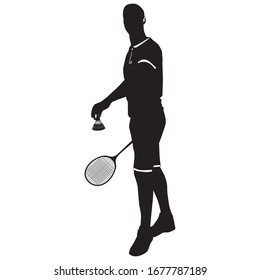 Sportsman playing badminton with racket and shuttlecock, black silhouette, vector illustration. Badminton player athlete wearing sport uniform, sport championship event, training.