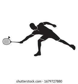 Sportsman playing badminton with racket and shuttlecock, black silhouette, vector illustration. 