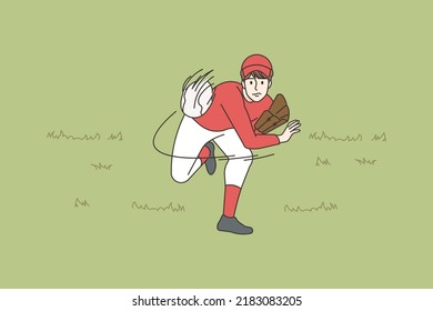 Sportsman playing baseball on field. Man in uniform throwing ball engaged in sport game. Hobby and leisure. Vector illustration. 