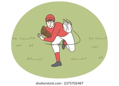 Sportsman playing baseball on field. Man in uniform throwing ball engaged in sport game. Hobby and leisure. Vector illustration.