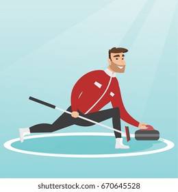 Sportsman playing curling on a skating rink. Caucasian curling player with a stone and a broom. Curling player sliding on the ice and delivering a stone. Vector flat design illustration. Square layout
