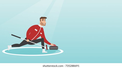 Deportista jugando al curling en una pista de patinaje. Jugador caucásico de curling con piedra y escoba. Jugador curling deslizándose sobre el hielo y entregando una piedra. Ilustración de diseño plano vectorial. Diseño horizontal