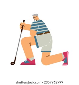 Sportsman playing golf, knelt down with a club. Gray-haired old male character hitting ball with club isolated illustration. Vector sport leisure activity, outdoor healthy hobby on white background