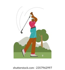 Sportsman playing golf, raised hands with a club and swing. Dark skinned male character hitting ball with club on natural landscape. Vector sport leisure activity, outdoor hobby or training