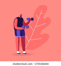 Sportsman Powerlifter with Dumbbells. Male Character in Sportswear Workout with Weight. Bodybuilding Exercises, Sport Activity, Healthy Lifestyle and Diet Eating. Cartoon People Vector Illustration