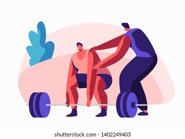 Sportsman Powerlifter Training in Gym with Coach Help. Male Character in Sportswear Workout with Weight. Bodybuilding Exercises, Sport Activity, Healthy Lifestyle. Cartoon Flat Vector Illustration