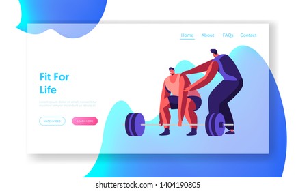 Sportsman Powerlifter Training In Gym With Coach. Male Character In Sportswear Workout With Weight. Exercises, Sport Activity Website Landing Page, Web Page. Cartoon Flat Vector Illustration, Banner