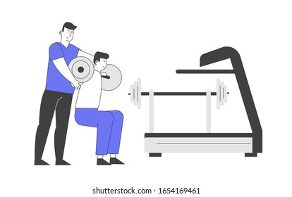 Sportsman Powerlifter Training in Gym with Coach Help, Squatting with Barbell. Workout with Weight. Bodybuilding Exercise. Sport Activity, Healthy Lifestyle. Cartoon Flat Vector Illustration Linear