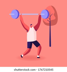 Sportsman Powerlifter Training in Gym in Smart Shoes. Male Character in Sportswear Workout with Weight. Bodybuilding Exercises, Sport Activity, Healthy Lifestyle Concept. Cartoon Vector Illustration