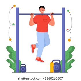 Sportsman pulls up concept. Young guy with dumbbells on horizontal bar. Active lifestyle and sports, fitness and workout. Cartoon flat vector illustration isolated on white background