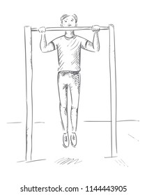 The sportsman pulls up on the bar. Work to achieve the goal. Outline illustration