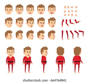 Sportsman in red kimono creation set. Various gestures, emotions, diverse poses, views. Create your own pose, animation. Flat style vector illustration