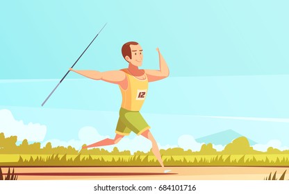 Sportsman retro cartoon composition with male human character running in field with javelin dart flinging spear vector illustration