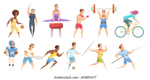 Sportsman retro cartoon set of flat isolated male athlete characters in physical fitness uniform with equipment vector illustration