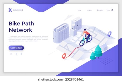 Esportista andando de bicicleta ao longo da rota recomendada no mapa. Modelo isométrico da página de aterrissagem da rede de caminho de bicicleta. Tecnologia de navegação para viagens criativo 3d vetor ilustração para página da web