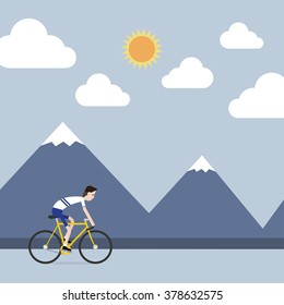 The sportsman is riding bicycle, The background is mountain, cloud and sun