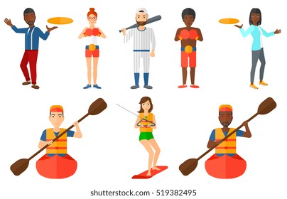 Sportsman riding in kayak. Man with skull in hands traveling by kayak. Male kayaker paddling. Young kayaker paddling a canoe. Set of vector flat design illustrations isolated on white background.