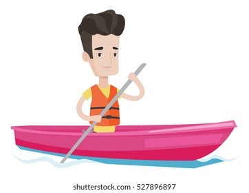 Sportsman riding in kayak in the river. Caucasian man with skull in hands traveling by kayak. Male kayaker paddling. Man paddling a canoe. Vector flat design illustration isolated on white background.