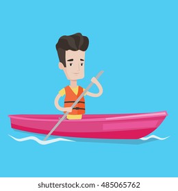 Sportsman riding in a kayak in the river. Young caucasian man traveling by kayak. Male kayaker paddling. Man paddling a canoe. Vector flat design illustration. Square layout.