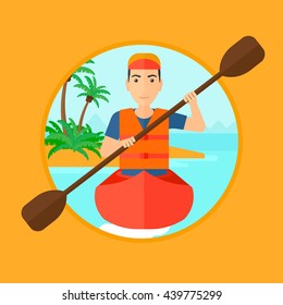 Sportsman riding in a kayak in the sea. Young man traveling by kayak. Male kayaker paddling. Man paddling a canoe. Vector flat design illustration in the circle isolated on background.