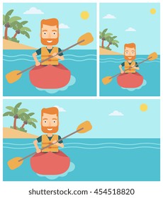 Sportsman riding in a kayak in the sea. Young man traveling by kayak. Male kayaker paddling. Man paddling a canoe. Vector flat design illustration. Square, horizontal, vertical layouts.