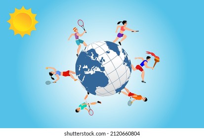 Sportsman run around 3d globe, isometric view,  blue sky bacground vector