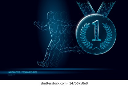 Sportsman Run Competition Winner Fitness Concept. Low Poly Man Silhouette Jogging Contest Fit Marathon. First Place Leader Medal Ribbon Honor Runner Prize Vector Illustration