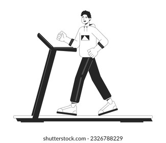 Sportsman run on treadmill flat line black white vector character. Editable outline full body of active man. Sport in gym simple cartoon isolated spot illustration for web graphic design