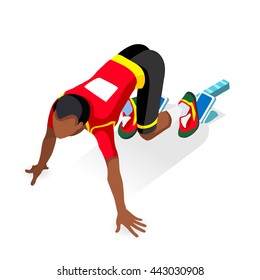 Sportsman Run Sprinter Runner Athlete Starting Line Stadium Lane Icon Set. 3D Flat Isometric Athletic Race Event Afro American Man Runner Athlete At Starting Block. Sport People Set Infographic Vector