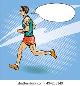 Sportsman Running Concept Vector Illustration In Retro Comic Pop Art Style. Man Athlete Run Marathon.