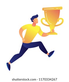 Sportsman running and holding big gold trophy cup award vector illustration. Competition winner and achievement award, business success, championship prize concept. Isolated on white background.