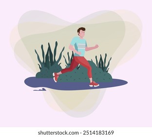 Esportista correndo maratona de ilustração vetorial. Atleta correndo no parque. Atividade, estilo de vida, manhã, conceito de competição para banner, web design ou landing page