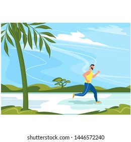 Sportsman runs in countryside landscape. Rural landscape with green hills and blue sky. Beautiful summer meadow. Outdoor fitness activity and marathon training. Spring farmland vector illustration