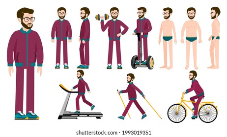 Sportsman. Set. A character for animation. Vector image of a man in sportswear in various sports. Sports and recreation. All the details are on separate layers. Editable strokes.


