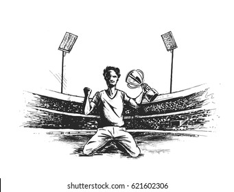 Sportsman sitting with victory cup in hand on stadium grass. , Hand Drawn Sketch Vector illustration.