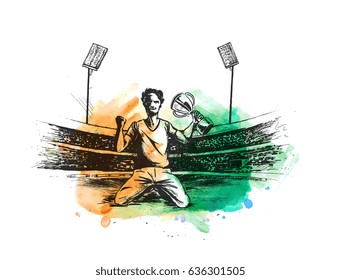 Sportsman sitting with victory cup in hand on stadium grass, Hand Drawn Sketch Vector illustration.